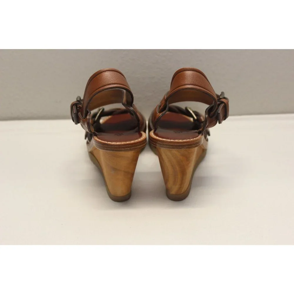 Bawcock wood leather adjustable buckle cross strap wedge sandals‎ 37